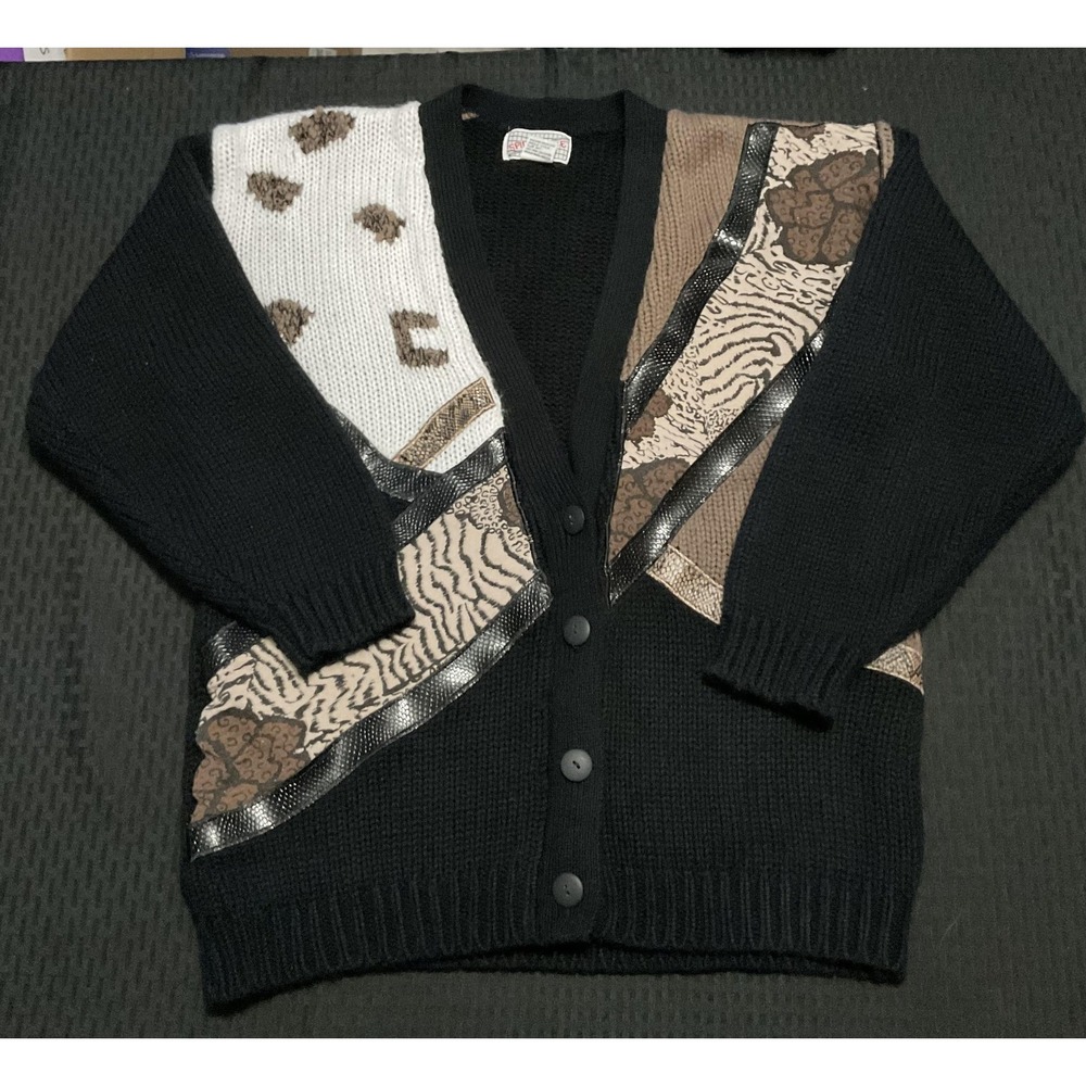 Vintage Spice Of Life‎ Cardigan Sweater Womens Small Black Animal Print Knit